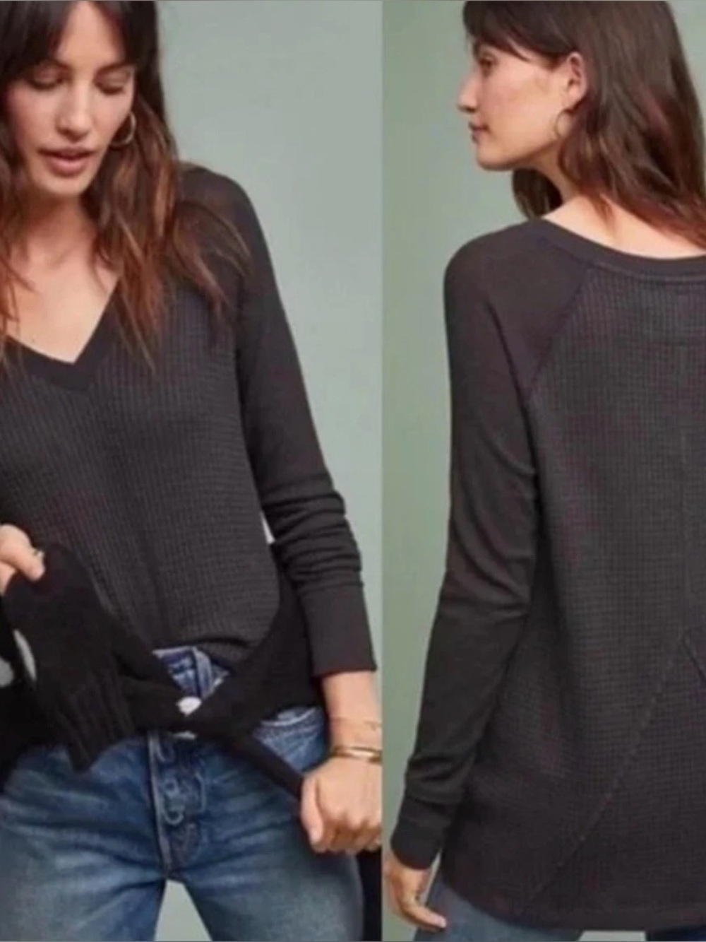 Anthropologie Maeve Pearson Waffle Knit V-Neck Black Pullover Size Large